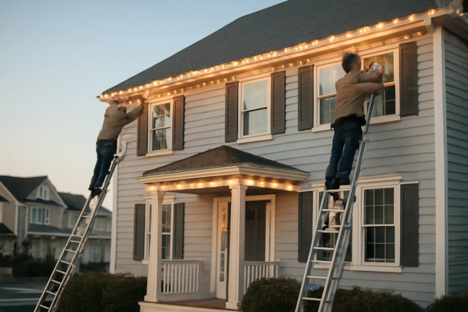 Crew installing holiday lights on a Delaware roofline