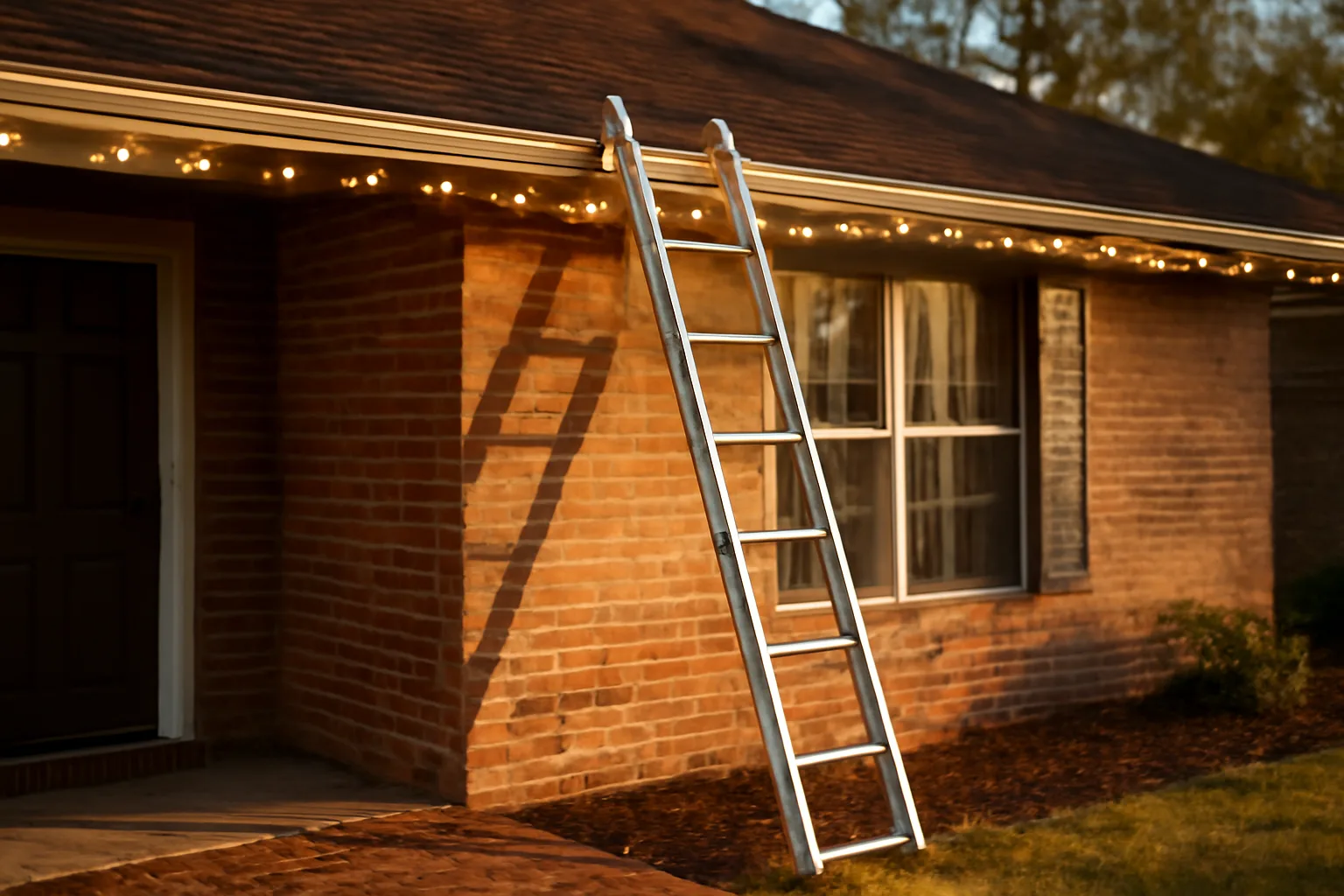 ladder and holiday lights on a brick Georgia roofline