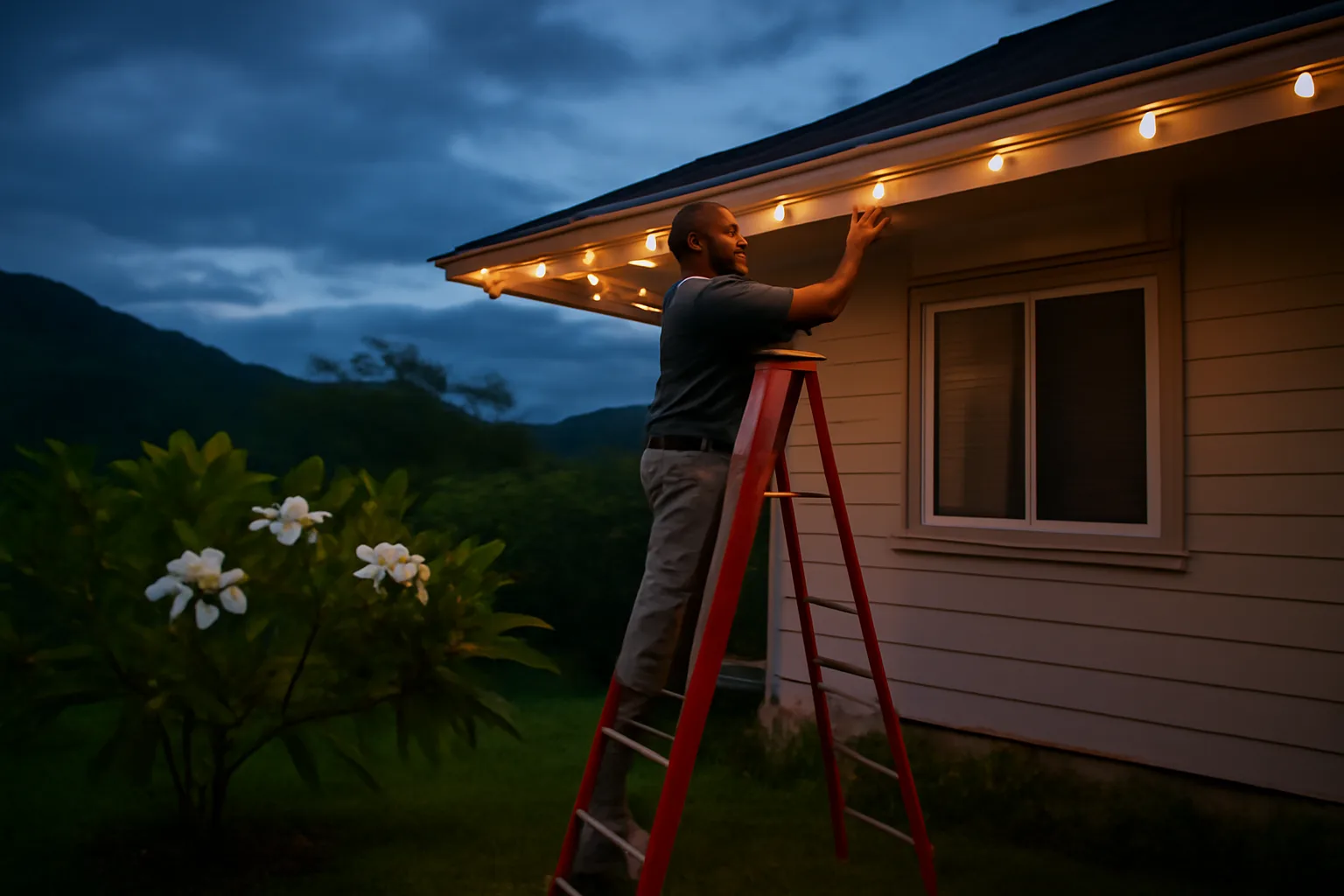Installer hanging holiday lights on a Hawaii bungalow at dusk