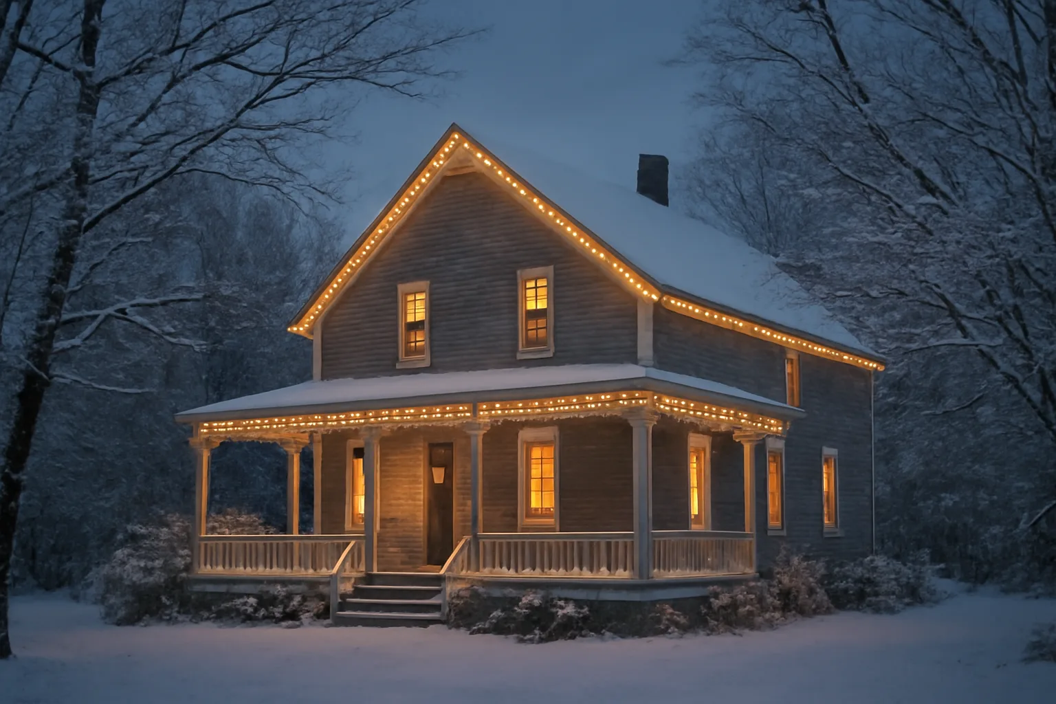 Vermont farmhouse with white LED holiday lights outlining roofline at dusk