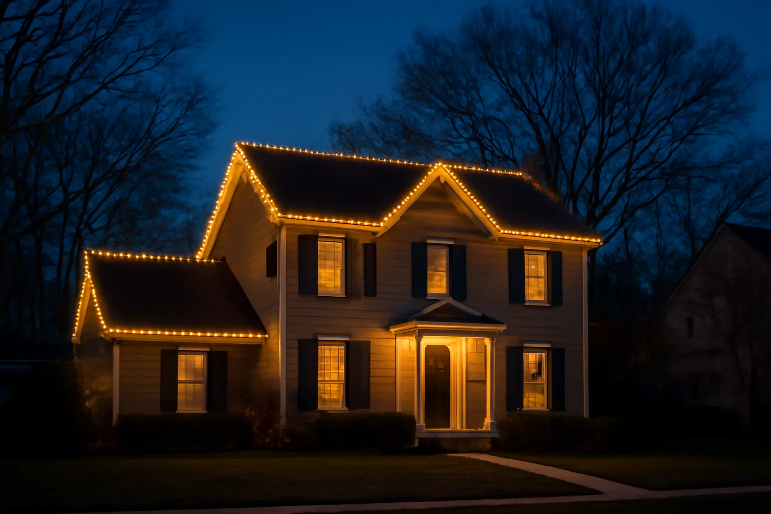 LED holiday lights on a colonial home roofline at dusk in Northern Virginia
